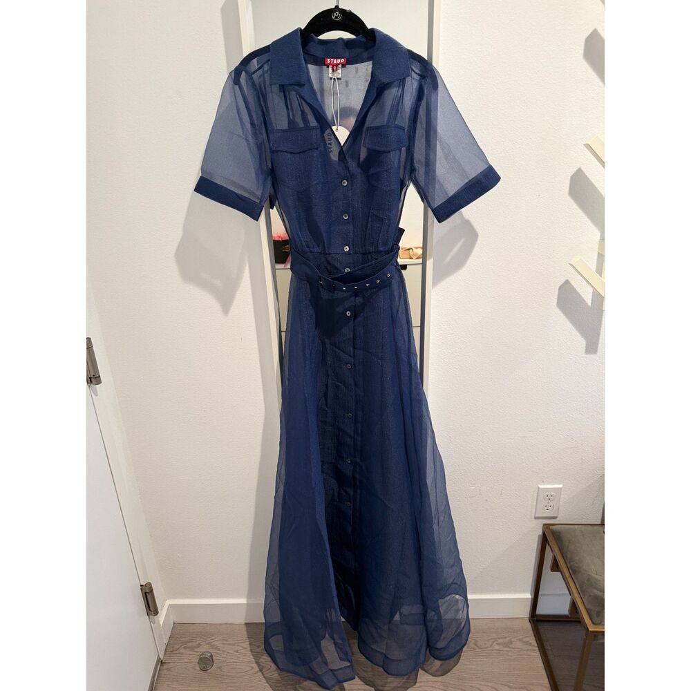 Staud Millie Organza Short-Sleeve Belted Maxi Shirtdress NWT 4 in navy - Picture 4 of 8